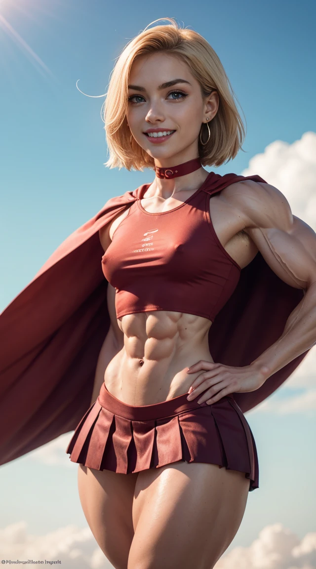 (Muscular:2), (thick thighs:2),
(blonde female:1.3), supergirl, (big smile:1.4), (android 18 haircut),
earrings, lipstick, eyeshadow,
(hard nipples:1.2),
(small red cape:1.3), (pleated skirt:1.6), (tanktop, midriff:1.2), choker,
(looking at viewer:1.6), (three quarter view), (upper body view:1.9), lowlegp,
(floating in midair, sky and clouds background:1.3), rim lighting, two tone lighting, dim lighting, bokeh, detailed skin, detailed eyes