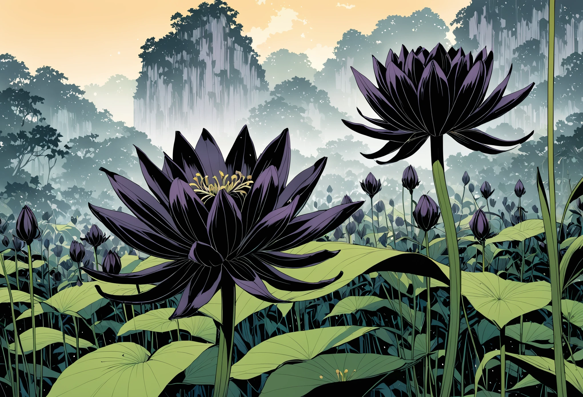 Giant black lily，Central Composition，Close-up，graphic novels illustration