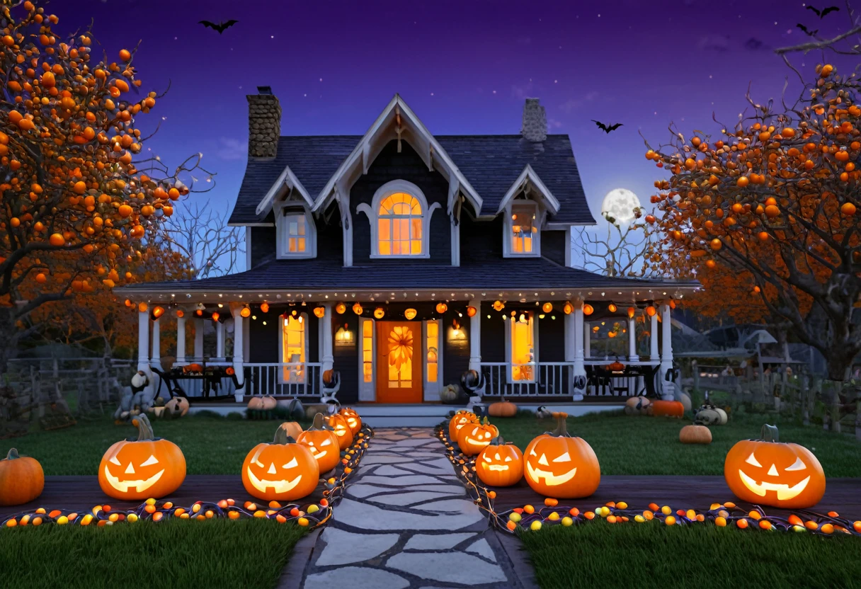 Generate a commercially appealing and highly detailed photo with a Halloween theme. The scene should feature a beautifully carved pumpkin with a glowing candle inside, placed on a rustic wooden porch. Surrounding the pumpkin are autumn leaves, small gourds, and a few scattered candy treats. In the background, a quaint house decorated with cobwebs, string lights, and other Halloween ornaments can be seen. The setting is at dusk, with the sky painted in deep oranges and purples, and a full moon rising, casting a soft, eerie glow over the scene. The overall atmosphere should be festive yet slightly spooky, capturing the essence of Halloween in a visually stunning and marketable way.