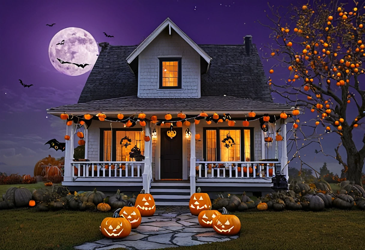 Generate a commercially appealing and highly detailed photo with a Halloween theme. The scene should feature a beautifully carved pumpkin with a glowing candle inside, placed on a rustic wooden porch. Surrounding the pumpkin are autumn leaves, small gourds, and a few scattered candy treats. In the background, a quaint house decorated with cobwebs, string lights, and other Halloween ornaments can be seen. The setting is at dusk, with the sky painted in deep oranges and purples, and a full moon rising, casting a soft, eerie glow over the scene. The overall atmosphere should be festive yet slightly spooky, capturing the essence of Halloween in a visually stunning and marketable way.
