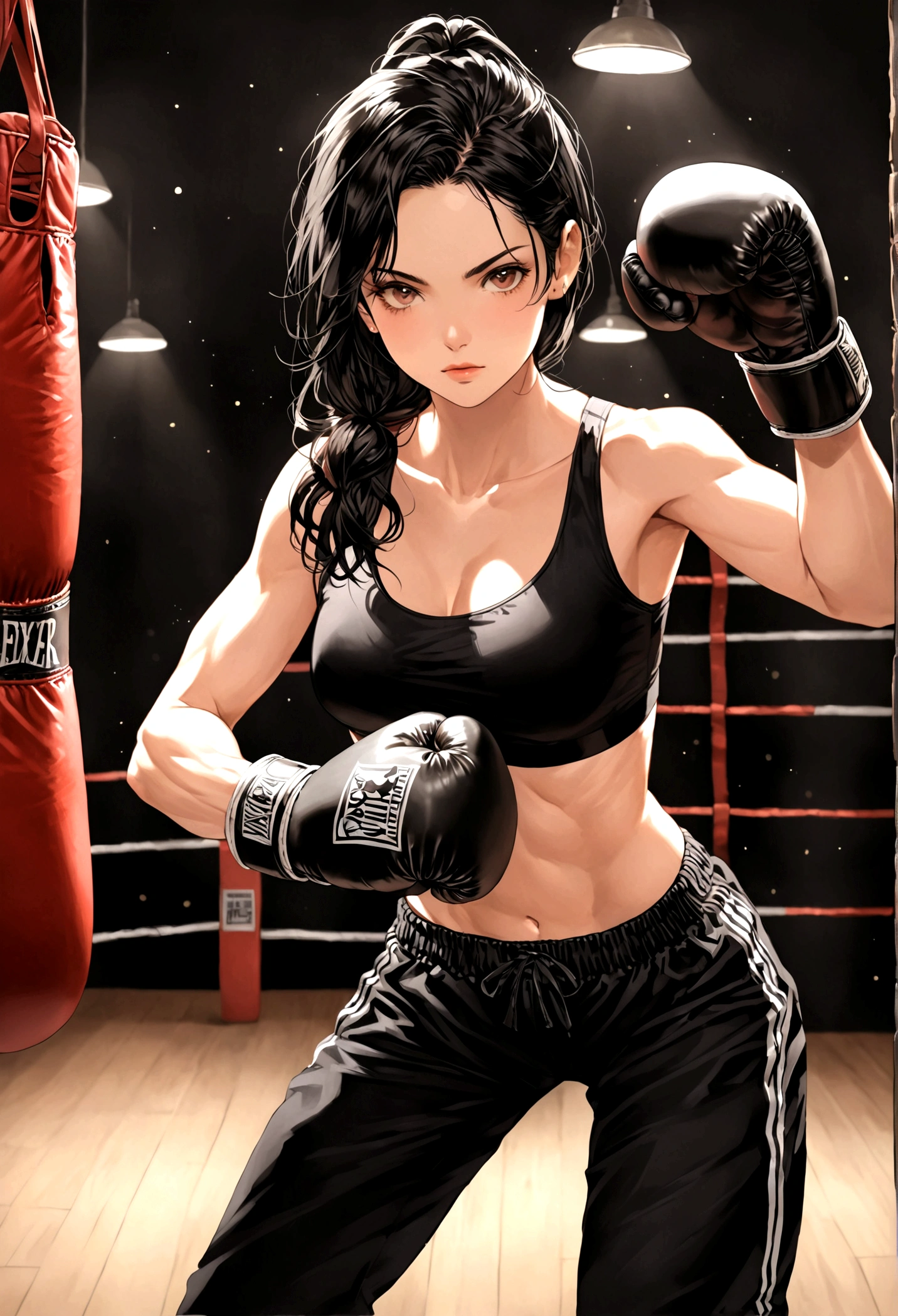 Woman boxer, long black hair, handsome face, boxing gloves, sports bra, toned, boxing stance, long black pants, looking at viewer