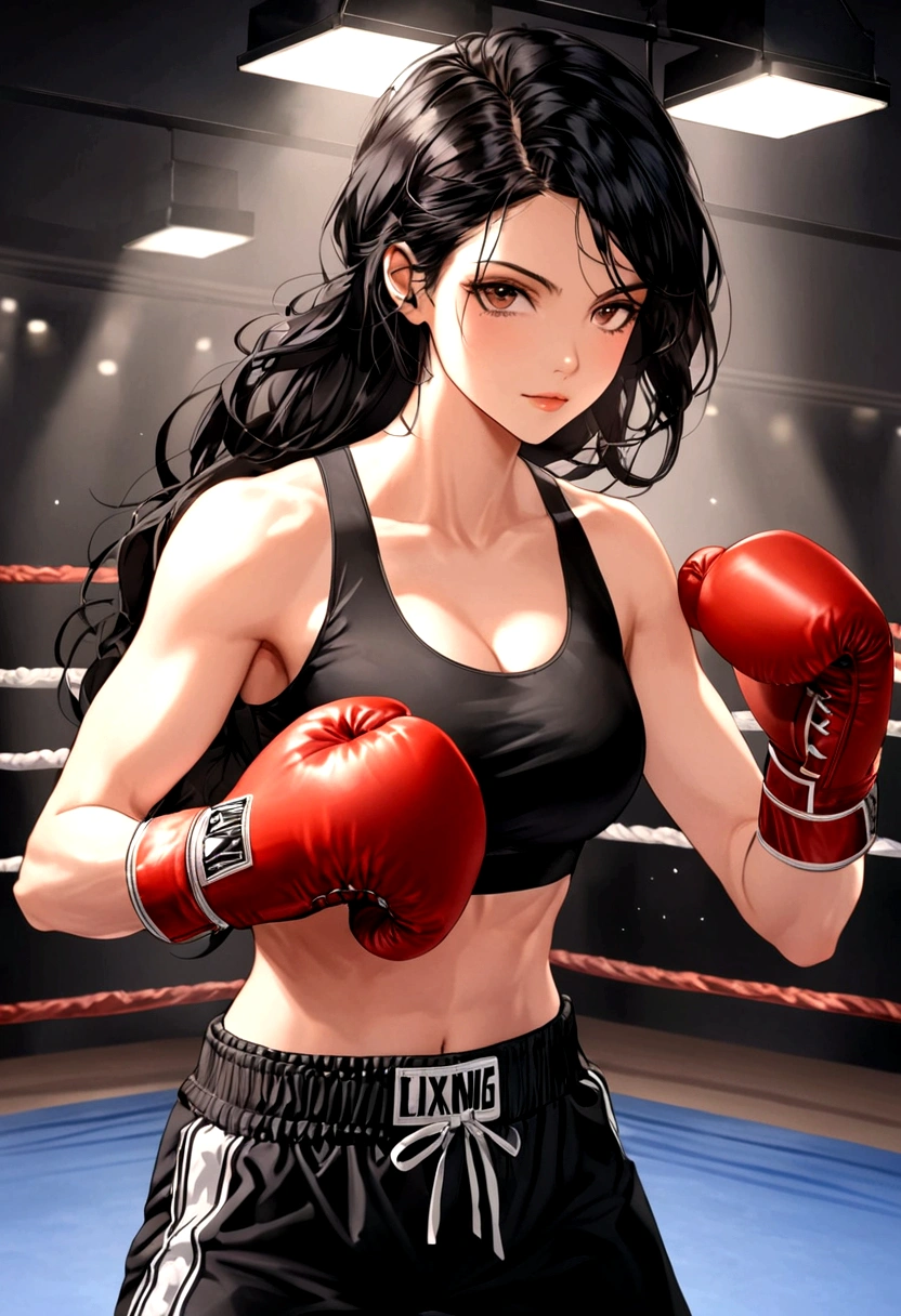 Woman boxer, long black hair, handsome face, boxing gloves, sports bra, toned, boxing stance, long black pants, looking at viewer