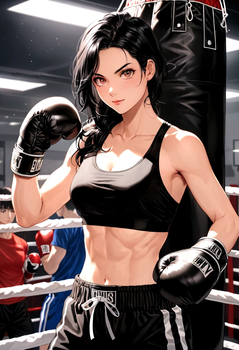 Woman boxer, long black hair, handsome face, boxing gloves, sports bra, toned, boxing stance, long black pants, looking at viewer