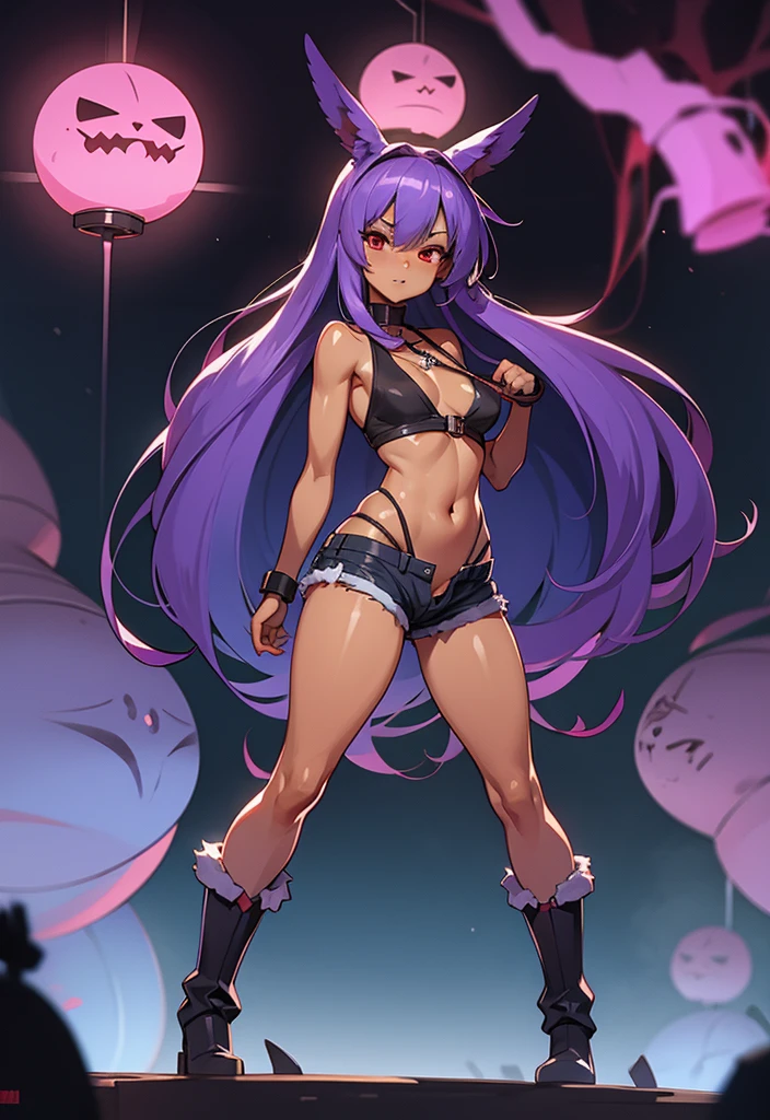 Red eyes brown skin, halter top, shorts, long purple hair, Eyes red, 1 girl, breasts big, big haunches, long hair between the eyes, gazing at viewer, standing alone, whole body, standing, purple hair boots