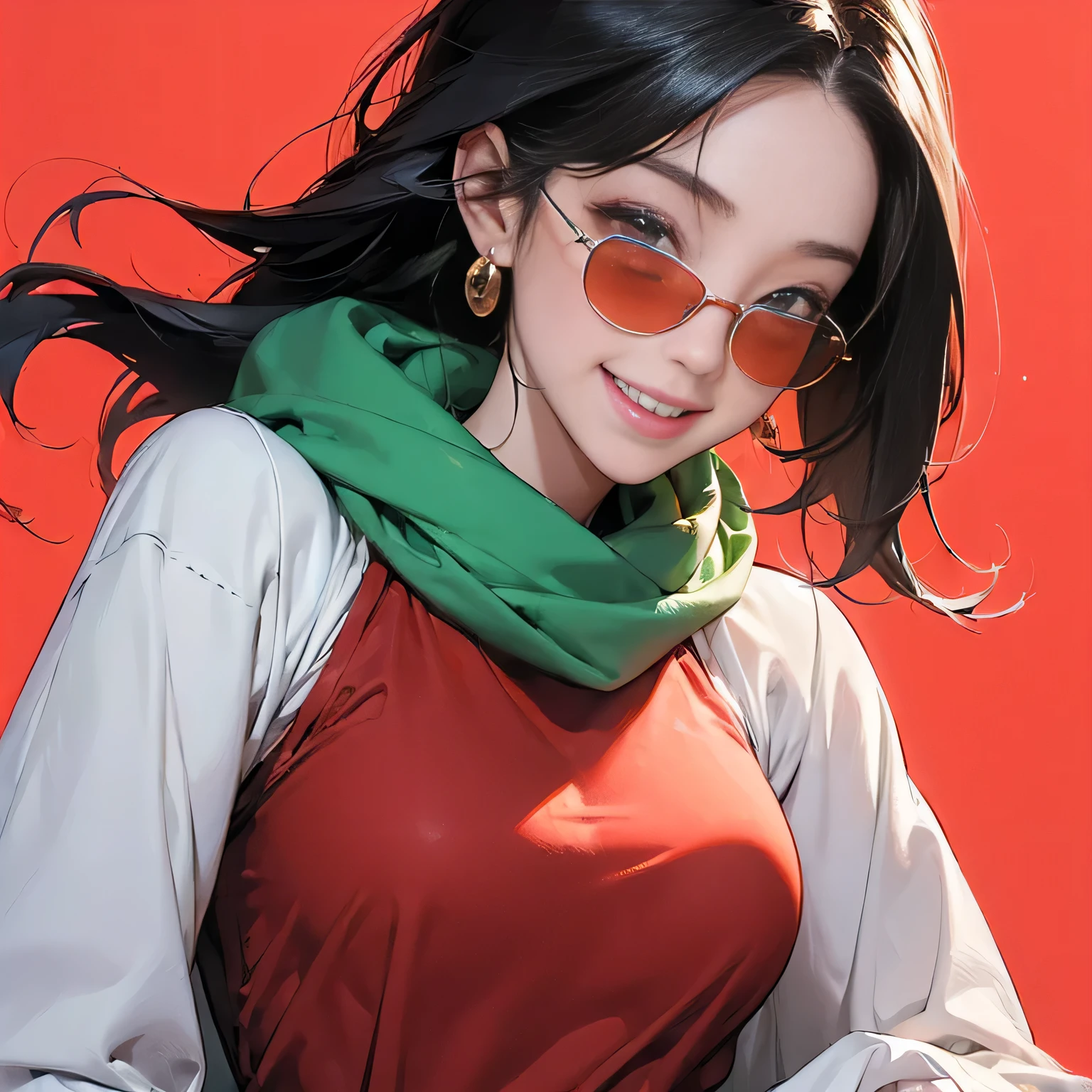 (masterpiece, best quality, 8k wallpaper, high resolution, ultra realistic), 1 woman, 1 girl with sunglasses, 18 years old, woman with long black hair, laughing, smiling, 8k, RAW portrait (Japanese woman), masterpiece, photorealistic: 1.3, realistic, ultra high resolution, highest quality, real life photo, (in the evening: 1.1), ((((1 girl: 1.5))))(cute face: 1.3), perfect proportions, 80s oversized sunglasses,, steampunk, col: white/green, face retouch, labrador, robot suit, chrome skin, savvy, anime cosplay, enhanced cyber, skin color –, slim bodysuit, red scarf, light background, posing. smiling, looking at you and smiling, grinning,