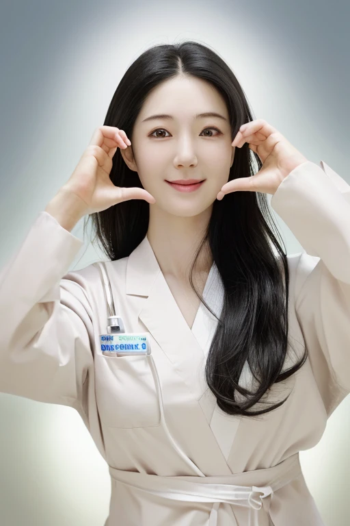 (medium shot), 1girl, (raised arms, fingers at cheeks), smiling, beautiful Japanese female doctor wearing white labcoat over scrubs, beautiful detailed face, Japanese woman, black hair, pale skin, realistic skin, detailed cloth texture, detailed hair texture, Perfect proportion, Beautiful Face, accurate, Anatomically correct, Highly detailed face and skin texture , looking at viewer , modern hospital building, photorealistic