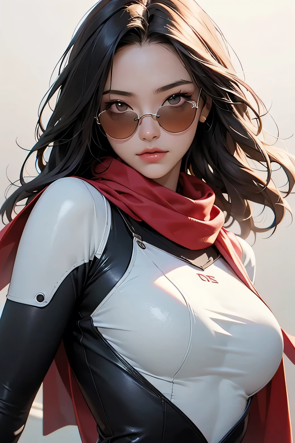 (masterpiece, best quality, 8k wallpaper, high resolution, ultra realistic), 1 woman, 1 girl with sunglasses, 18 years old, black hair (long hair,), 8k, RAW portrait (Japanese woman), masterpiece, photorealistic: 1.3, realistic, ultra high resolution, best quality, real life photo, (in the evening: 1.1), ((((1 girl: 1.5))))(cute face: 1.3), perfect proportions, 80s oversized sunglasses, long hair, steampunk, Col: white/green, face retouch, labrador, robot suit, chrome skin, savvy, anime cosplay, cyber enhanced, skin color – silver, slim bodysuit, red scarf, light colored background, two people posing.