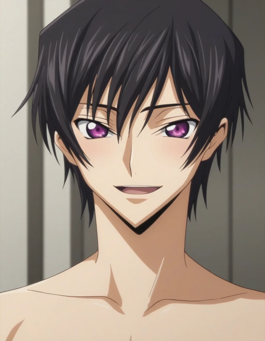 score_9, score_8_up, score_7_up, source_anime, rating_safe, intricate details, anime screencap, , , looking at viewer, depth of field, 1boy, solo, male focus, lelouch_lamperouge, black hair, purple eyes, bangs, smile, open mouth, blush, cute, naked, bedroom, night.