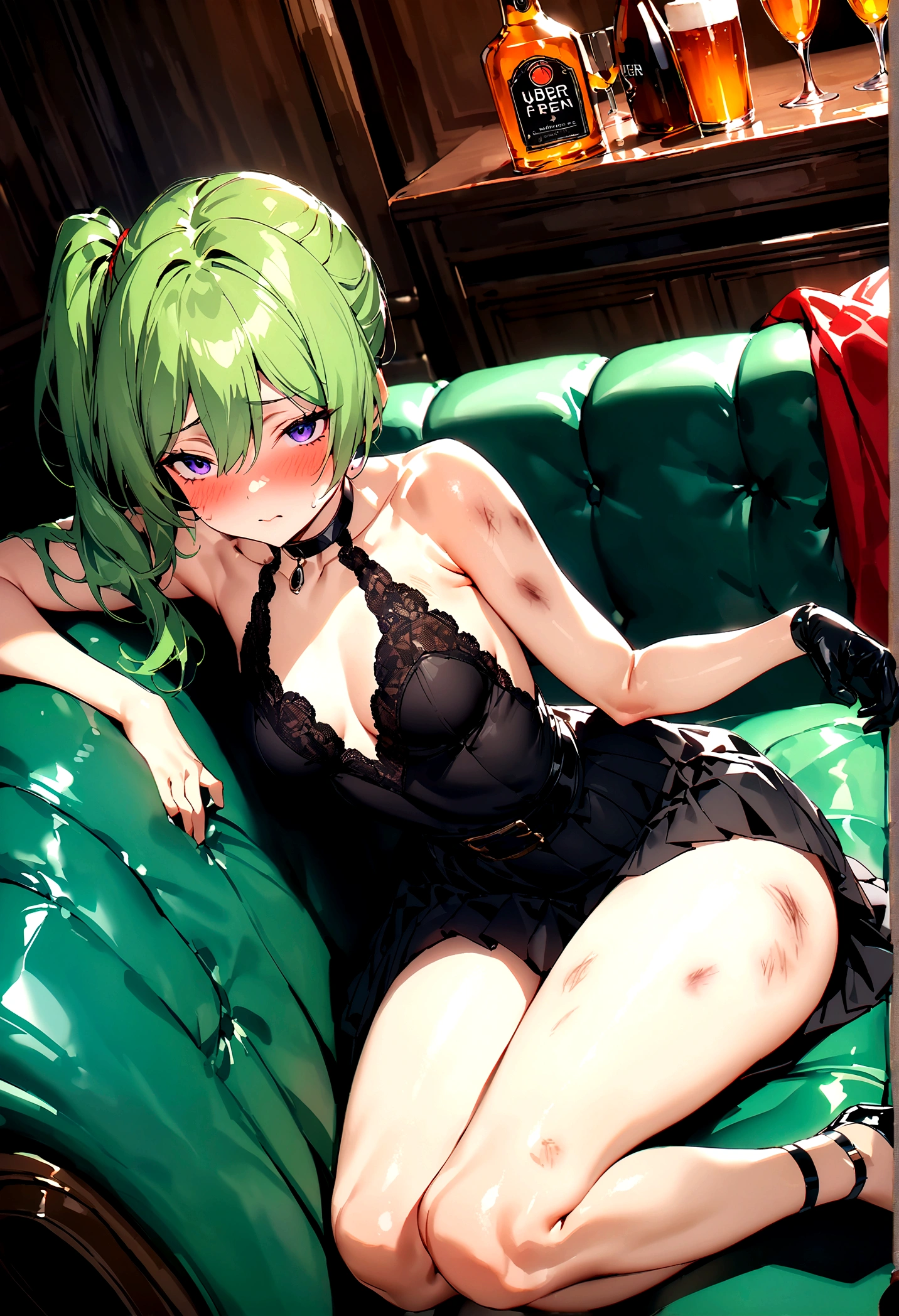 NSFW,masterpiece,Highest quality,High resolution,Super detailed,Uber\(Funeral of Frieren\),bruise、One Girl、Green Hair、bangs、Hair between the eyes、Side Ponytail、Purple Eyes、Black choker、clavicle、No sleeve、Black Dress、No sleeveのドレス、Halter neck、Pleated skirt、Black gloves、belt、Black shoes,Embarrassed,blush,Luxurious Room,pub,Private room,sofa,(Drunk),(Intoxication),heart,Sexy pose