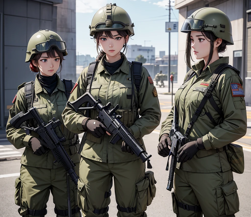 A group of female soldiers wearing military uniforms，Full helmet、Military Pants、Individual equipment set、Alert with guns，Write details、masterpiece、best quality、Highly detailed CG、8K picture quality