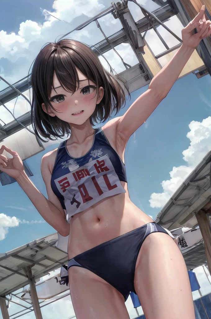 Highest quality、High resolution, Woman in sports bikini、、Slender Line、Running in the schoolyard、Running in the schoolyard、Sweat、Like a model, (Photo 1: View from below:1)、Sweat dripping、