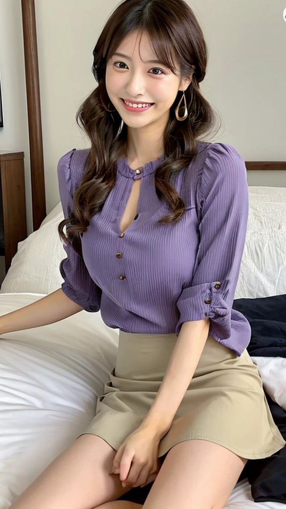 (Cute Japanese Girls), In the bedroom, Sexy 28 year old girl, Slender body, Thin chest, skirt, blouse, Thin thighs, Trendy hairstyles, Laughter, 