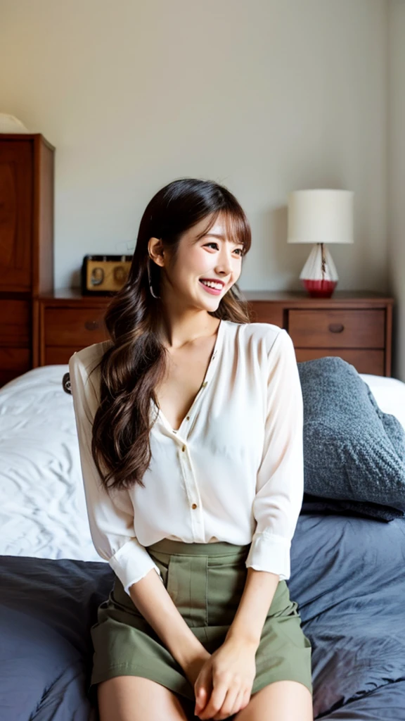 (Cute Japanese Girls), In the bedroom, Sexy 28 year old girl, Slender body, Thin chest, skirt, blouse, Thin thighs, Trendy hairstyles, Laughter, 