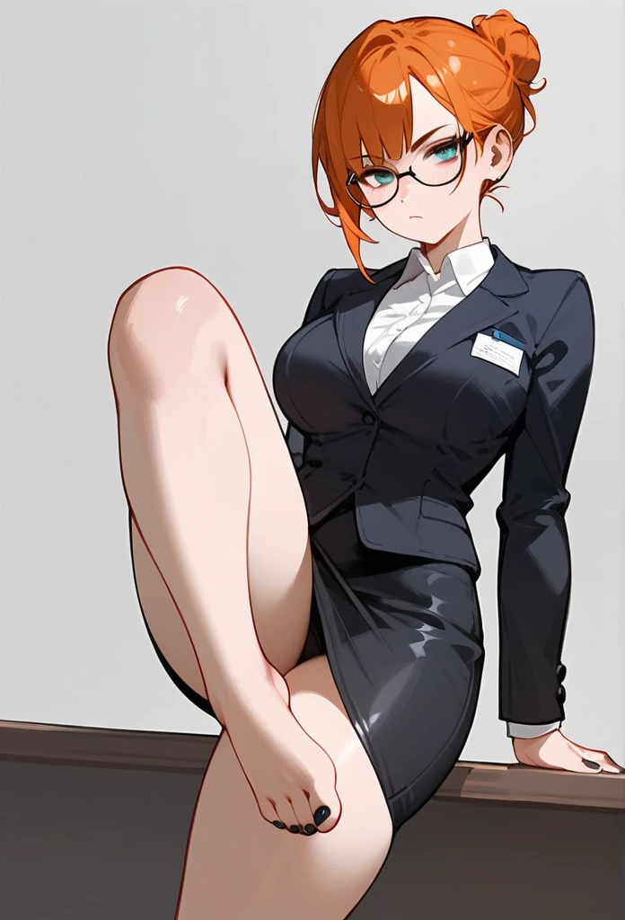 pale adult woman, large breasts, very thick thighs, wide hips, short ginger hair in a sleek hairbun, glasses, tight black blazer, tight black pencil skirt, thick thighs pressed together, bare feet, small feet, black nail polish, pressing one foot against a male student’s face, woman has 5 toes on each foot, slender feet, bored expression, strict teacher, dominant, facing forward