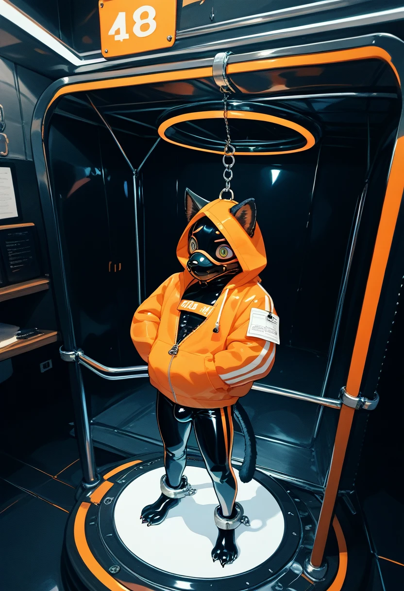 Highest quality, Highest quality, High quality illustrations, masterpiece, Ultra-high resolution, Detailed Background, In the cage, Absurd, Perfect Anatomy, performance, Good lighting, Shadows in the movies(kemono, Furry Personifi猫ion), Black cat, Dark Skin, Rubber suit, Rubber suit, latex, neon, neonライト, neonカラー, Black rubber spats, Orange rubber hoodie,  Rubber mask, ribbon, Embarrassing, Null bulge, Both hands are restrained with shackles, first round, Lock, Prisoner, male, juvenile, from above