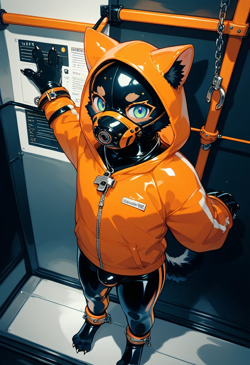 Highest quality, Highest quality, High quality illustrations, masterpiece, Ultra-high resolution, Detailed Background, In the cage, Absurd, Perfect Anatomy, performance, Good lighting, Shadows in the movies(kemono, Furry Personifi猫ion), Black cat, Dark Skin, Rubber suit, Rubber suit, latex, neon, neonライト, neonカラー, Black rubber spats, Orange rubber hoodie,  Rubber mask, ribbon, Embarrassing, Null bulge, Both hands are restrained with shackles, first round, Lock, Prisoner, male, juvenile, from above