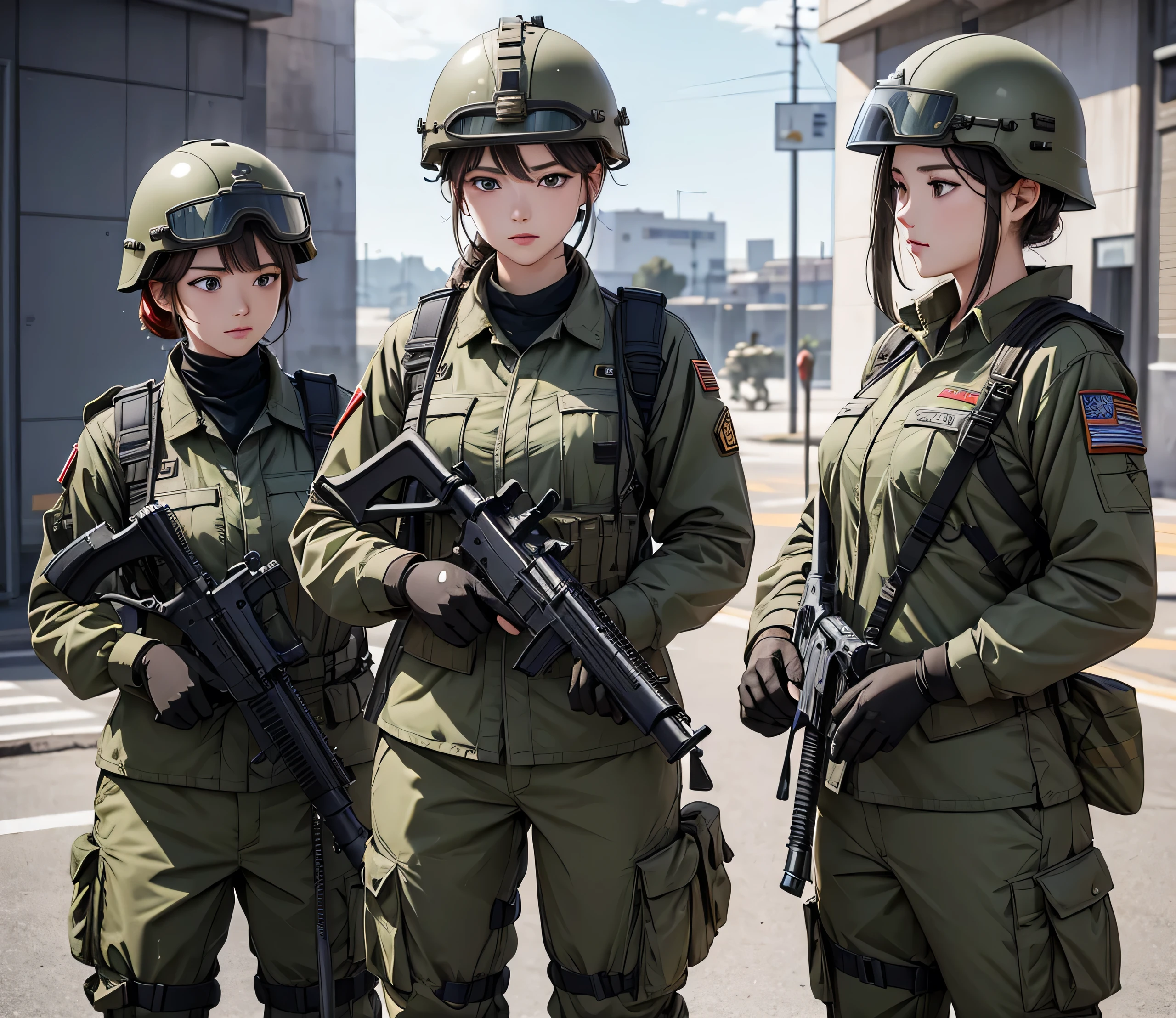 A group of female soldiers wearing military uniforms,Full helmet、Military Pants、Individual equipment set、Alert with guns,Write details、masterpiece、best quality、Highly detailed CG、8K picture quality