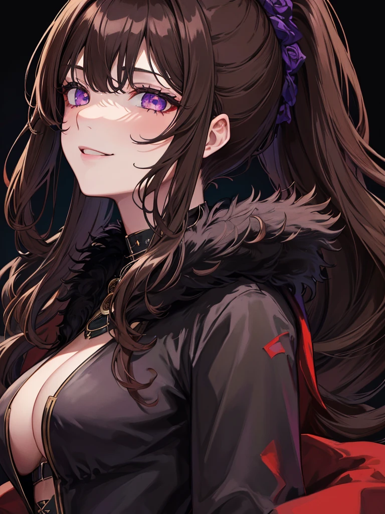 ((masterpiece)), ((best quality)), 1girl, adult, long hair, big bust, ((brown hair)), ((intimidant look)), ((close-up)), profile image, black and red clothes, sexy, dark colors, ((coat with fur)), ((wavy hair)), exposed skin, ((sexy pose)), good anatomy, ((dark sage clothes)), ((straight cut bangs)), emotionless, intimidant, ((beautiful eyes)), dark background, close up, ((detailed eyes)), ((detailed face)), hair bang, frontal look, relaxed, smile, queen, ponytail, violet eyes