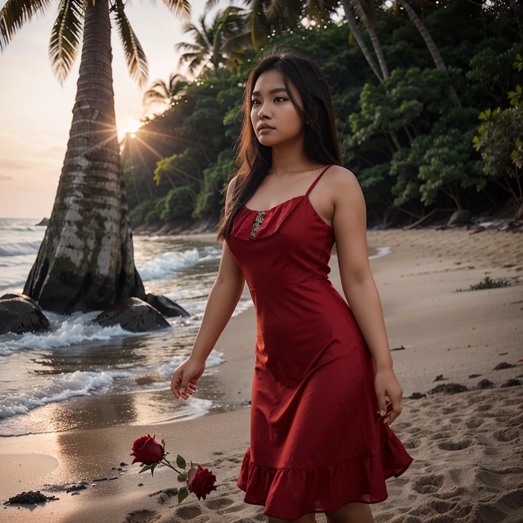 a young Indonesian woman wearing a red dress with rose details, standing on a beach, high quality 32k photography, bright lighting, high resolution, bokeh