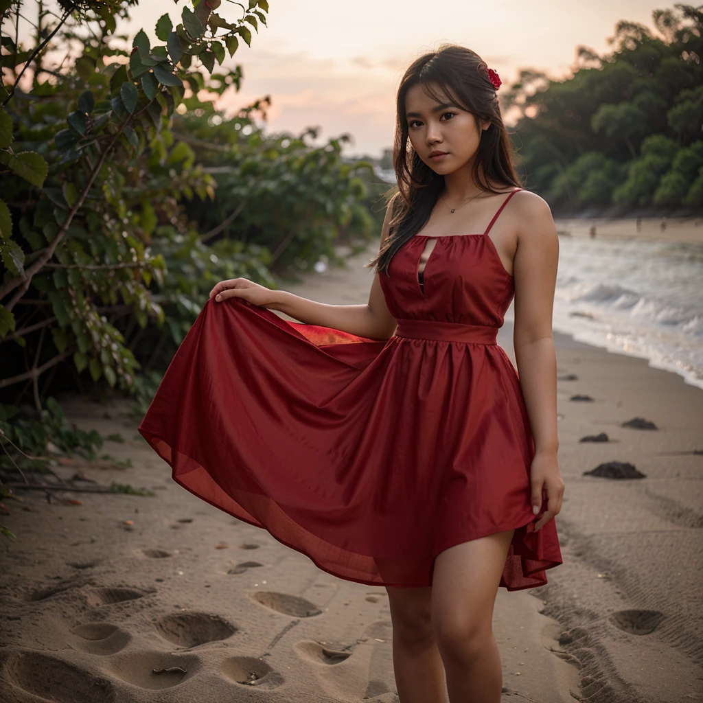 a young Indonesian woman wearing a red dress with rose details, standing on a beach,litte chubby, smilling,high quality 32k photography, bright lighting, high resolution, bokeh