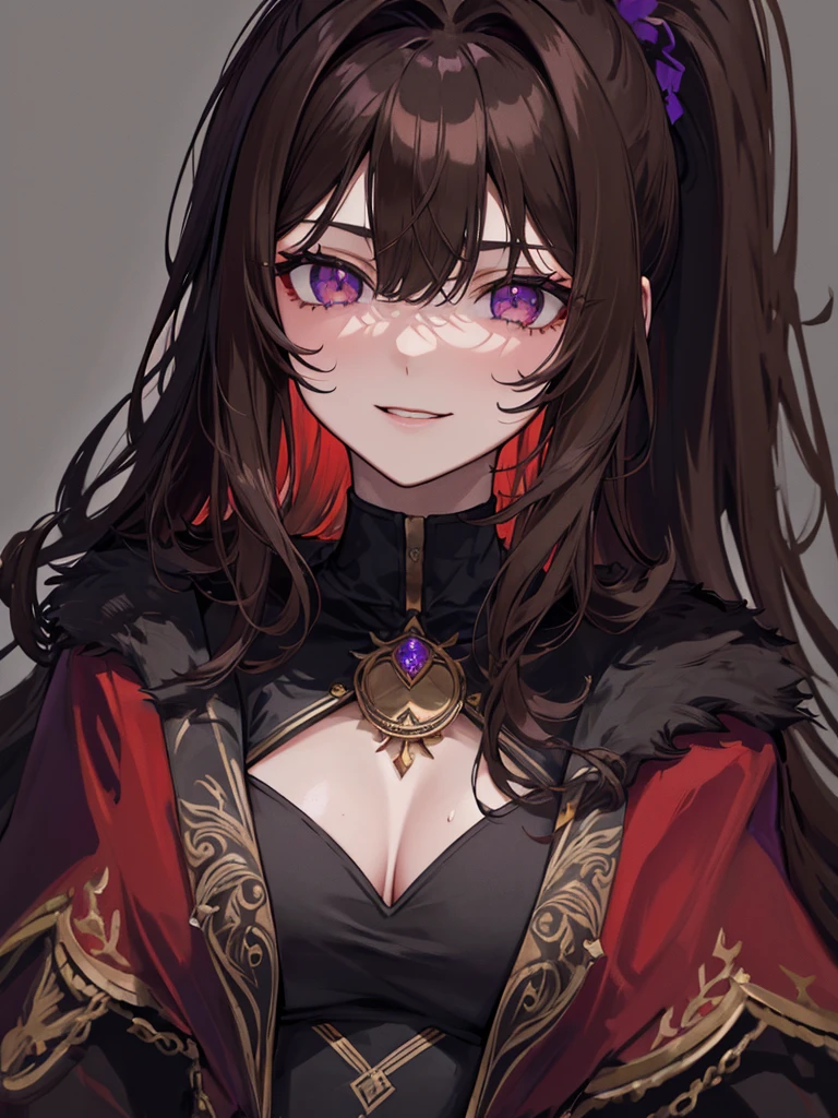 ((masterpiece)), ((best quality)), 1girl, adult, long hair, big bust, ((brown hair)), ((intimidant look)), ((close-up)), profile image, black and red clothes, sexy, dark colors, ((coat with fur)), ((wavy hair)), exposed skin, ((sexy pose)), good anatomy, ((dark sage clothes)), ((straight cut bangs)), emotionless, intimidant, ((beautiful eyes)), dark background, close up, ((detailed eyes)), ((detailed face)), hair bang, frontal look, relaxed, smile, queen, ponytail, violet eyes