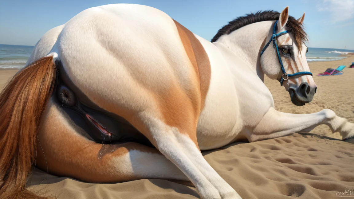 feral horse, white horse, lying on side, beach, in public, horse pussy, anus, pussy juice, looking at the viewer