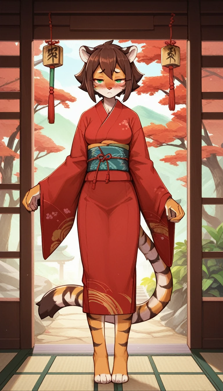 Half-closed eyes, tired expression, 1girl, anthro, furry, fur, fluffy fur, tiger girl, japanese temple background, brown hair, green eyes, short hair, full body, (19 years), medium breast, thighs, solo, (japanese temple), half-closed eyes, standing, detailed, red kimono, blush, shy, score_9, score_8_up, score_7_up, score_6_up, score_5_up, score_4_up