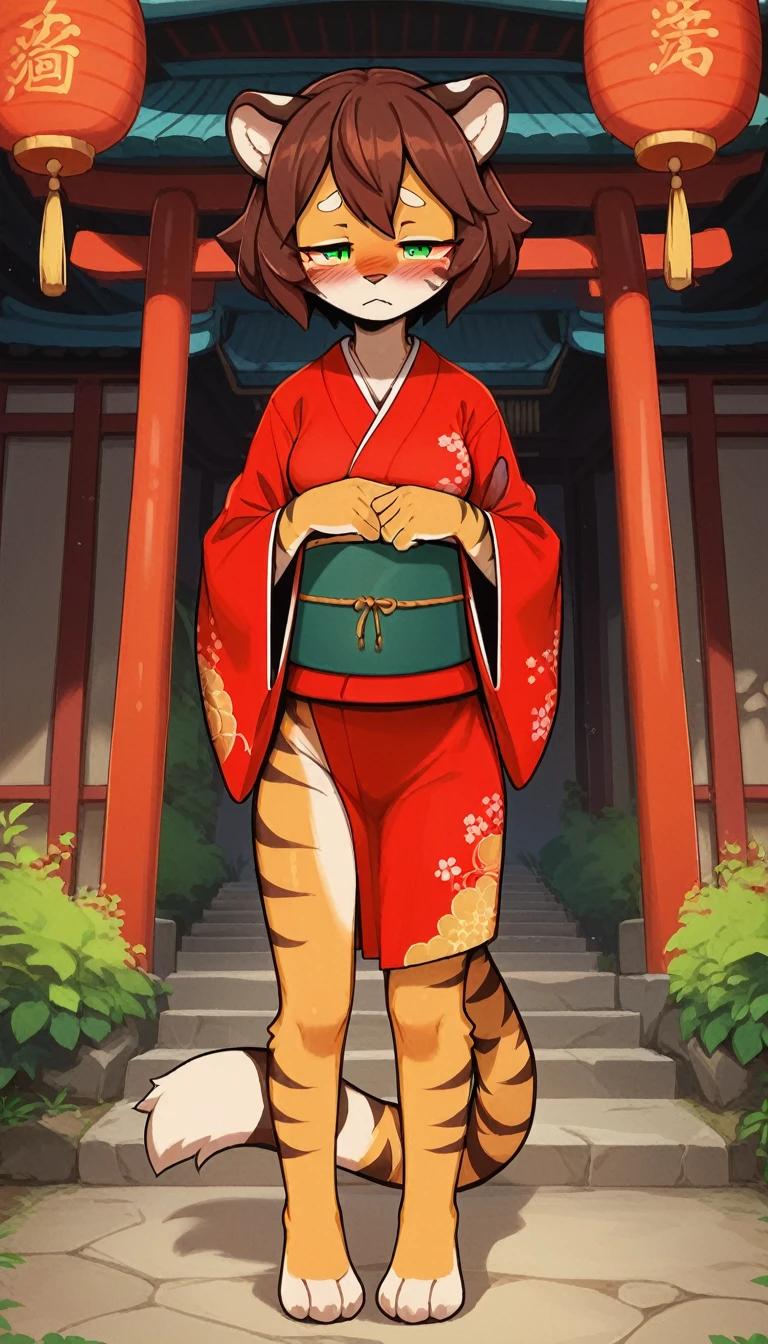 Half-closed eyes, tired expression, 1girl, anthro, furry, fur, fluffy fur, tiger girl, japanese temple background, brown hair, green eyes, short hair, full body, (19 years), medium breast, thicc thighs, solo, (japanese temple), half-closed eyes, standing, detailed, red kimono, blush, shy, skirt lift , score_9, score_8_up, score_7_up, score_6_up, score_5_up, score_4_up