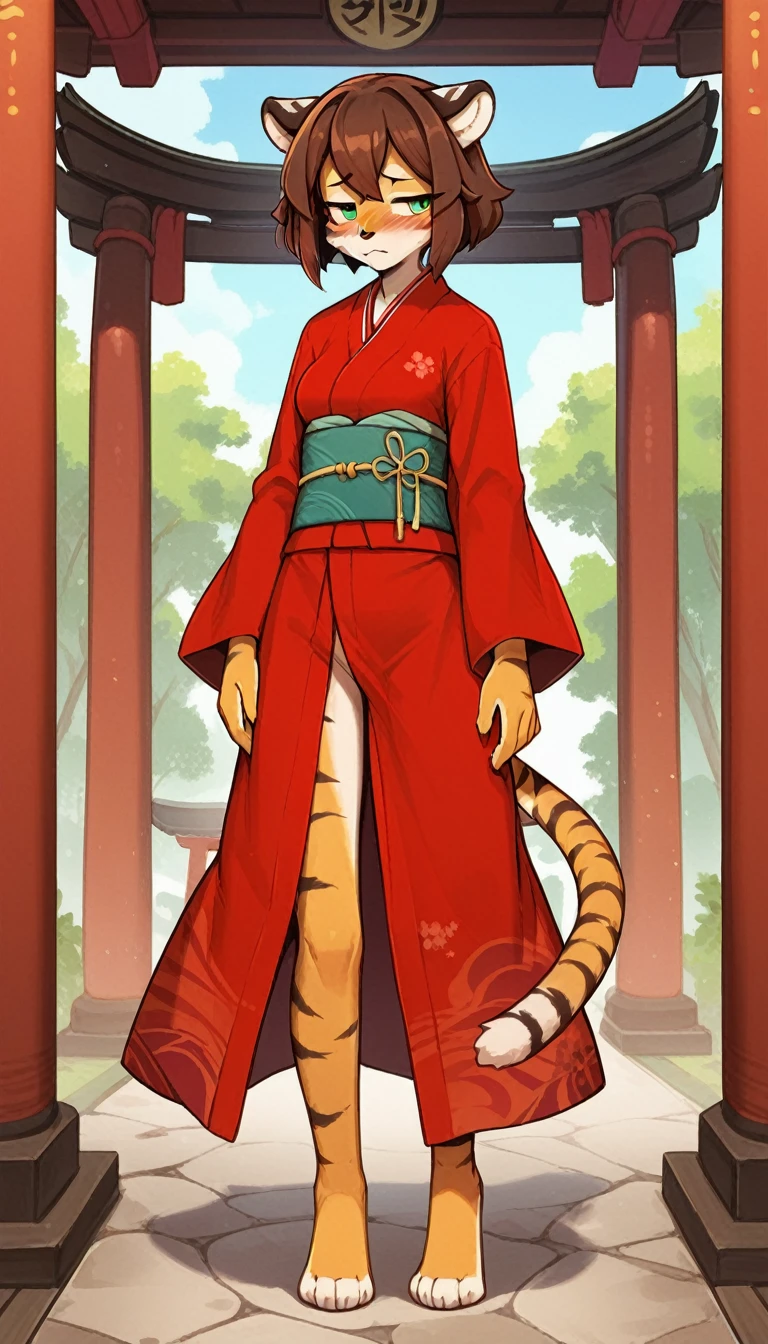 Half-closed eyes, tired expression, 1girl, anthro, furry, fur, fluffy fur, tiger girl, japanese temple background, brown hair, green eyes, short hair, full body, (19 years), medium breast, thighs, solo, (japanese temple), half-closed eyes, standing, detailed, red kimono, blush, shy, score_9, score_8_up, score_7_up, score_6_up, score_5_up, score_4_up