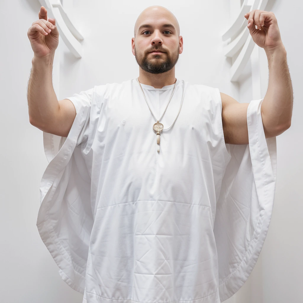 Mystical 30 year old bald man, short, thick and sharp beard.full body.He is spiritual and wears a white blanket. It is located in a brightly lit white temple. frontal photo, front point of view, Approach, realist,((White background))