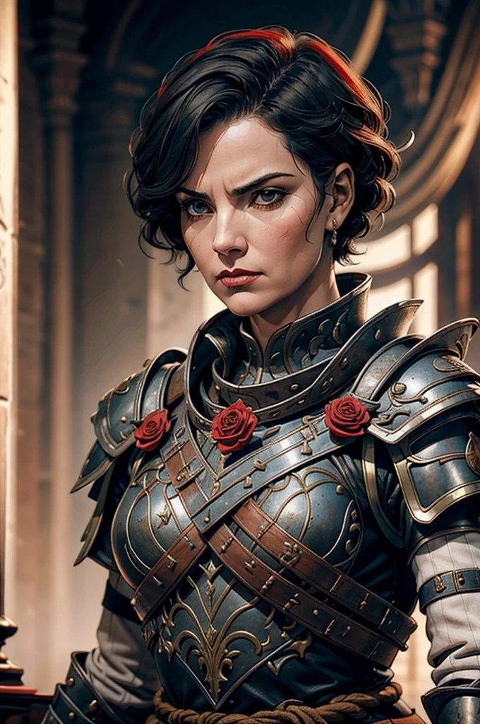 Short cropped hair, a 50-year-old woman in the 17-century Female battle scared warrior leader of the order of the scarlet rose, with a stern battle-hardened facial expression. Black hair. Female.