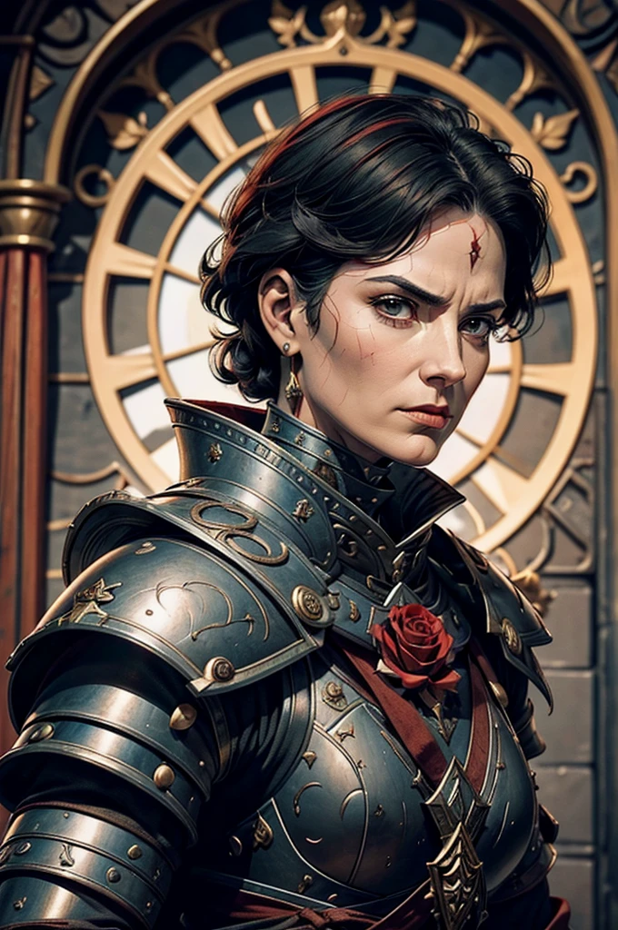 Short cropped hair, a 50-year-old woman in the 17-century Female battle scared warrior leader of the order of the scarlet rose, with a stern battle-hardened facial expression. Black hair. Female.
