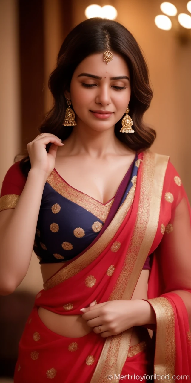 Day scene, close up photo of a sexy indian, sexy navel, deep cleavage, french braid hair, necklace, erotic face, 34 yo, look at viewer and seductive smile, (cinematic:1.3), intricate details, (ArtStation:1.2),Indian busty gorgeously prettiest lady(face lookinlike Indian actress(beautiful face, beautiful nose, beautiful eyes , beautiful lips ),((realistic Samantha facial harmony facial features lips eyes looks )), ((wearing white tight traditional saree sliver necklace waist belt bangles,red bindi on forehead )),(((huge gigantic breast)),((lying on bed)), hands behind head, showing her armpits,,((open mouth Full closed eyes groaning expression))(((pale white skin tone white skin tone snow white skin tone white skin tone snow white skin tone))),((open mouth Full closed eyes in pleasure groaning expression))