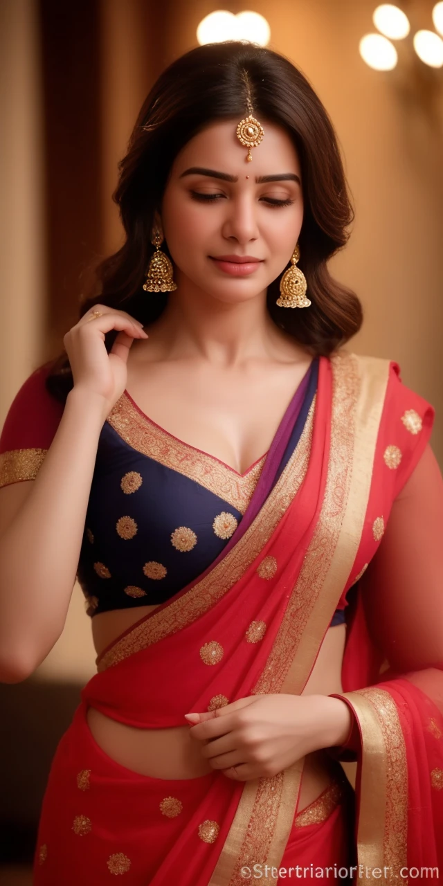 Day scene, close up photo of a sexy indian, sexy navel, deep cleavage, french braid hair, necklace, erotic face, 34 yo, look at viewer and seductive smile, (cinematic:1.3), intricate details, (ArtStation:1.2),Indian busty gorgeously prettiest lady(face lookinlike Indian actress(beautiful face, beautiful nose, beautiful eyes , beautiful lips ),((realistic Samantha facial harmony facial features lips eyes looks )), ((wearing white tight traditional saree sliver necklace waist belt bangles,red bindi on forehead )),(((huge gigantic breast)),((lying on bed)), hands behind head, showing her armpits,,((open mouth Full closed eyes groaning expression))(((pale white skin tone white skin tone snow white skin tone white skin tone snow white skin tone))),((open mouth Full closed eyes in pleasure groaning expression))