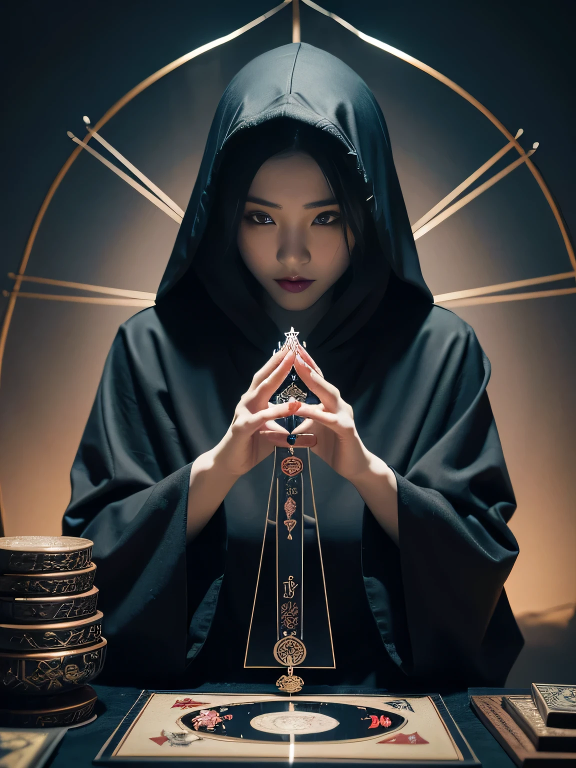 onmyoji,Metal Photo Frame,card,tarot cards:1.37.A mysterious hooded fortune teller,Finger taps an array of tarot cards in the air,Symbols and mystical elements,Ancient and mysterious atmosphere,Realistic illustration details,Vibrant and energetic composition,Dark Style,Gothic style