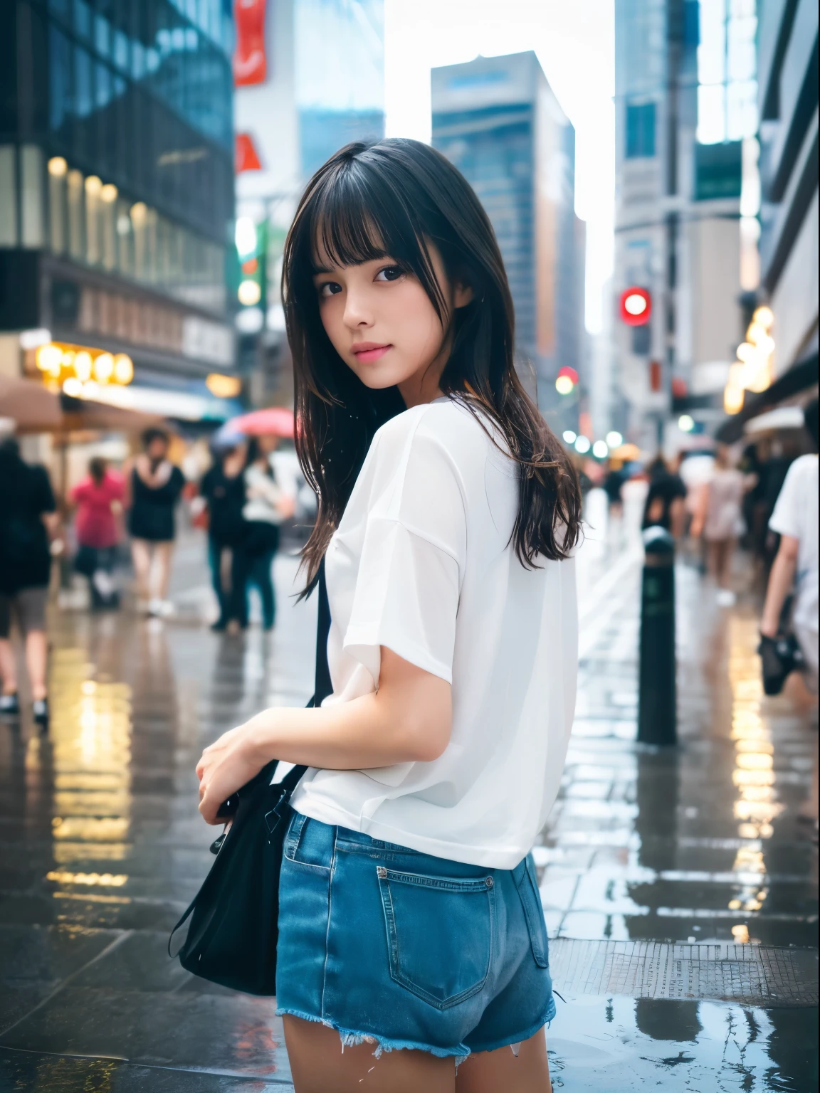 (8k, Top quality, Masterpiece:1.2), (Realistic, photo-realistic:1.37), Super detailed, perfect anatomy, cute, small eye, Fashion-model outfit, 18 years old, Japanese, girl, cityscape, in summer, rainy, soaking wet,