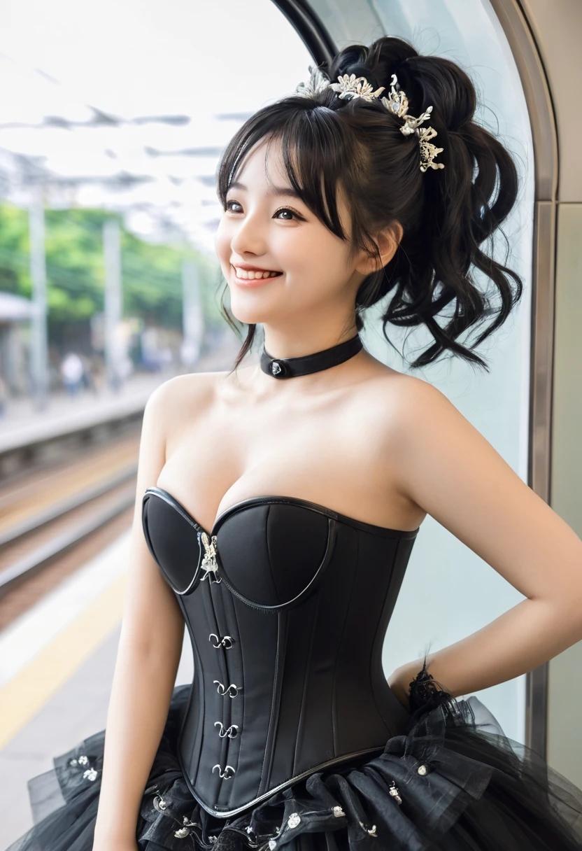1 名身穿黑色女仆装和White裙子的女性, White, and corsets, Showing off huge curves, Mohawk Hairstyle, Extremely beautiful. Surrounded by old gentlemen who admire her. She jokingly began to show off, Enjoy the attention. She faces the audience, Smile happily, Future subway scene. Anime style, masterpiece, Maximum resolution, quality, detail, Highly concentrated, Professional image