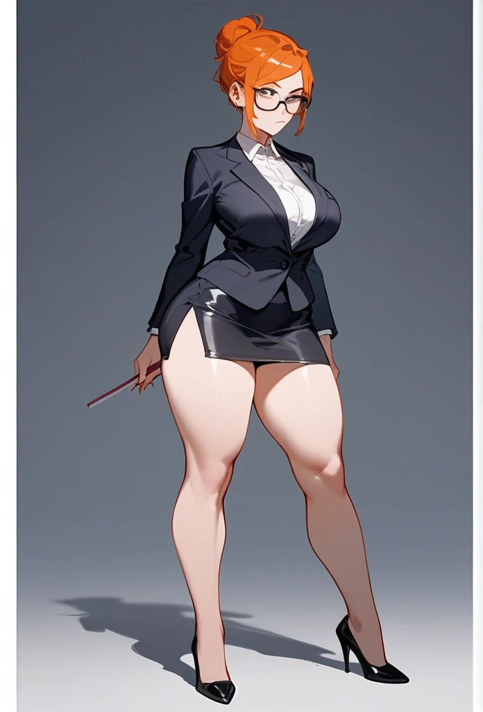 pale adult woman, large breasts, very thick thighs, wide hips, short ginger hair in a sleek hairbun, glasses, tight black blazer, tight black pencil skirt, thick thighs pressed together, wearing small black high heels, bored expression, strict teacher, facing forward, standing, legs and feet in the photo, 