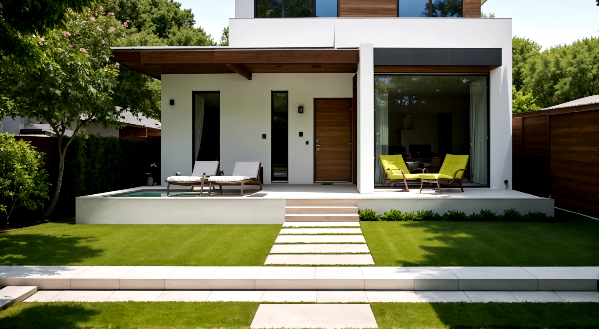 Exterior A single-story modern house with a flat roof, featuring white and brown walls with decorative stone details. The house has large glass doors and windows, wooden ceilings, aluminum panels, surrounded by trees, flowers and green lawns. The scene is bathed in soft morning light. Modern and simple interior. Hyper-realistic, photorealistic, 8K, ultra-high resolution images