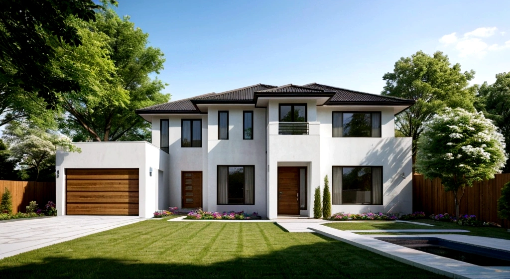 Exterior A single-story modern house with a flat roof, featuring white and brown walls with decorative stone details. The house has large glass doors and windows, wooden ceilings, aluminum panels, surrounded by trees, flowers and green lawns. The scene is bathed in soft morning light. Modern and simple interior. Hyper-realistic, photorealistic, 8K, ultra-high resolution images

