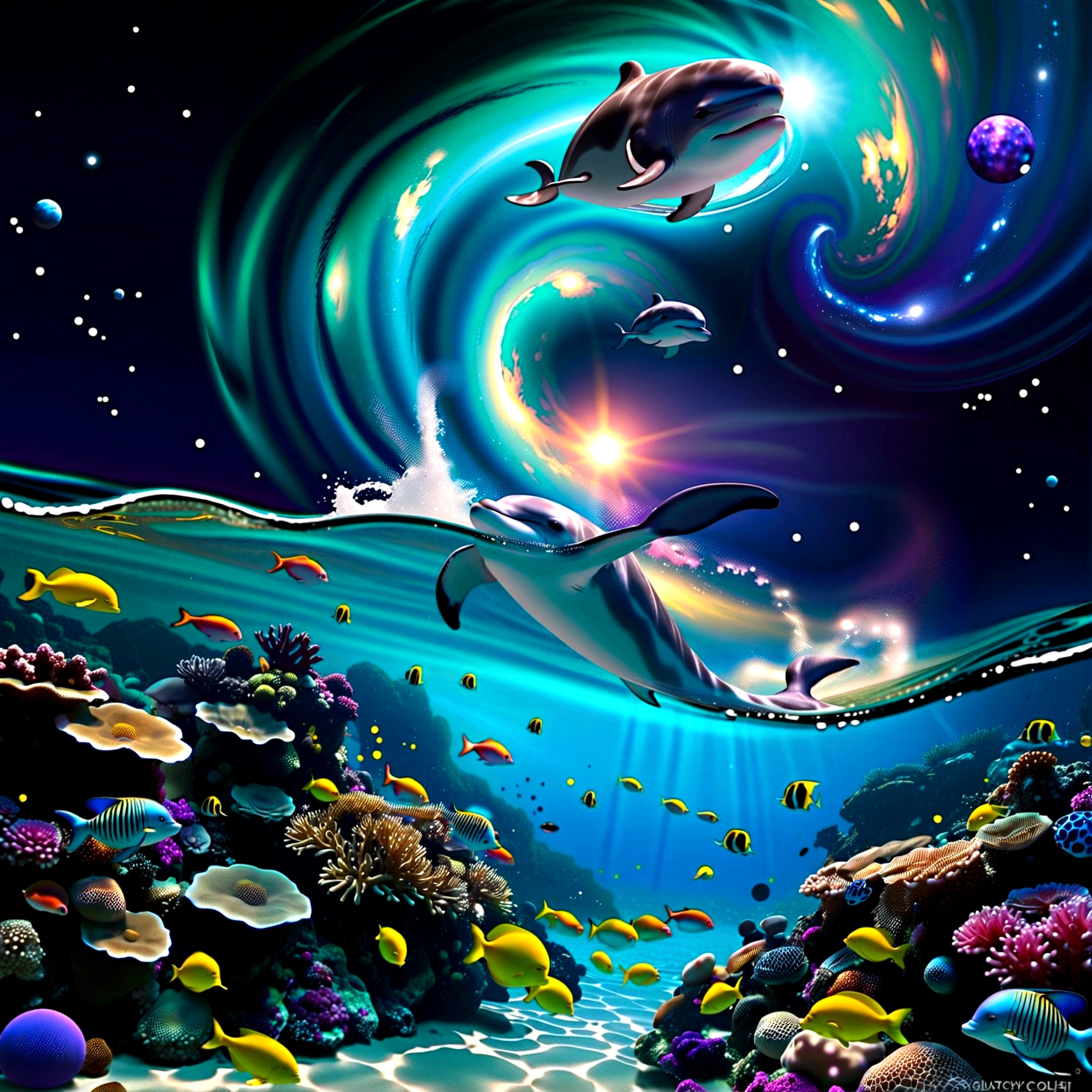 Creating an infinite ocean at night. prospect: A huge luminescent barrier reef with Shine fishes and jellyfishes. Incorporate floating bioluminescent spheres that drift slowly through the water, emitting a soft glow. A woman snorkeling with her palms just below the surface of the water, She wears a bizarre outfit that combines elements of a swimsuit and armor.. The body has overlapping fish scale patterns., Smooth and deep, オレンジと金colorの虹colorに光を反射するわずかに金属的な表面. Subtle additions, backgroundには神話上の海の生き物の半透明のシルエットが描かれている, ほとんど見えないが神秘的なatmosphereを醸し出す. Midground: Dolphin jumping out of the waves, Illuminated by the moonlight filtering through the water. background: The sky ruled by a giant cosmic eye, 渦巻く銀河の模様とShine星々Surrounded by. Spiral waves blend seamlessly into the cosmic sky. kind, It's like a voice coming from the eye of the universe.、An otherworldly melody, Create an auditory illusion in the viewer's mind. color: shining moonlight. 青を基調としたcolor調, Turquoise, and purple. 熱帯魚の黄colorとオレンジのアクセント. composition: The scene is、prospectの詳細なサンゴ礁や海洋生物から視聴者の視線を導く必要があります。, Dolphins in the middle, and finally、宇宙の目とbackgroundの渦巻く波まで. Using lines and patterns、Directs the viewer's attention naturally upwards。. Soften the whole scene, The shimmering haze adds to the atmosphere. atmosphere: 神秘的で夢のようなatmosphereを醸し出す, Blurring the line between reality and imagination. prospectと中景のシャープなディテールで奥行きと立体感を演出します, backgroundの宇宙的要素に少しだけ柔らかい焦点を当てる. 平和なatmosphere, 非常に彩度の高いcolor彩の、Truly stunningly beautiful scenery, Shine. forth dimension, 128k, High resolution, Best Quality.