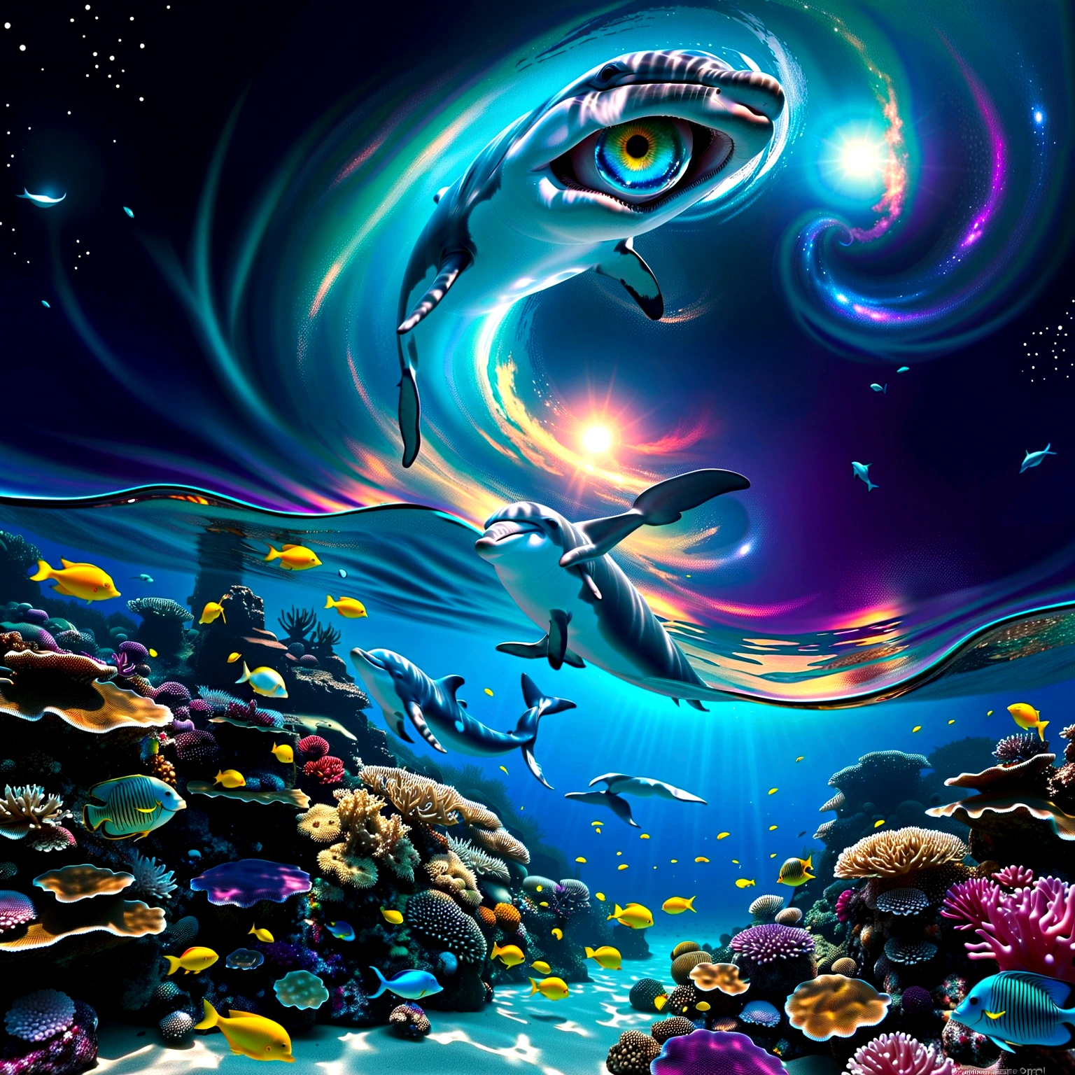 Creating an infinite ocean at night. prospect: A huge luminescent barrier reef with Shine fishes and jellyfishes. Incorporate floating bioluminescent spheres that drift slowly through the water, emitting a soft glow. A woman snorkeling with her palms just below the surface of the water, She wears a bizarre outfit that combines elements of a swimsuit and armor.. The body has overlapping fish scale patterns., Smooth and deep, オレンジと金colorの虹colorに光を反射するわずかに金属的な表面. Subtle additions, backgroundには神話上の海の生き物の半透明のシルエットが描かれている, ほとんど見えないが神秘的なatmosphereを醸し出す. Midground: Dolphin jumping out of the waves, Illuminated by the moonlight filtering through the water. background: The sky ruled by a giant cosmic eye, 渦巻く銀河の模様とShine星々Surrounded by. Spiral waves blend seamlessly into the cosmic sky. kind, It's like a voice coming from the eye of the universe.、An otherworldly melody, Create an auditory illusion in the viewer's mind. color: shining moonlight. 青を基調としたcolor調, Turquoise, and purple. 熱帯魚の黄colorとオレンジのアクセント. composition: The scene is、prospectの詳細なサンゴ礁や海洋生物から視聴者の視線を導く必要があります。, Dolphins in the middle, and finally、宇宙の目とbackgroundの渦巻く波まで. Using lines and patterns、Directs the viewer's attention naturally upwards。. Soften the whole scene, The shimmering haze adds to the atmosphere. atmosphere: 神秘的で夢のようなatmosphereを醸し出す, Blurring the line between reality and imagination. prospectと中景のシャープなディテールで奥行きと立体感を演出します, backgroundの宇宙的要素に少しだけ柔らかい焦点を当てる. 平和なatmosphere, 非常に彩度の高いcolor彩の、Truly stunningly beautiful scenery, Shine. forth dimension, 128k, High resolution, Best Quality.