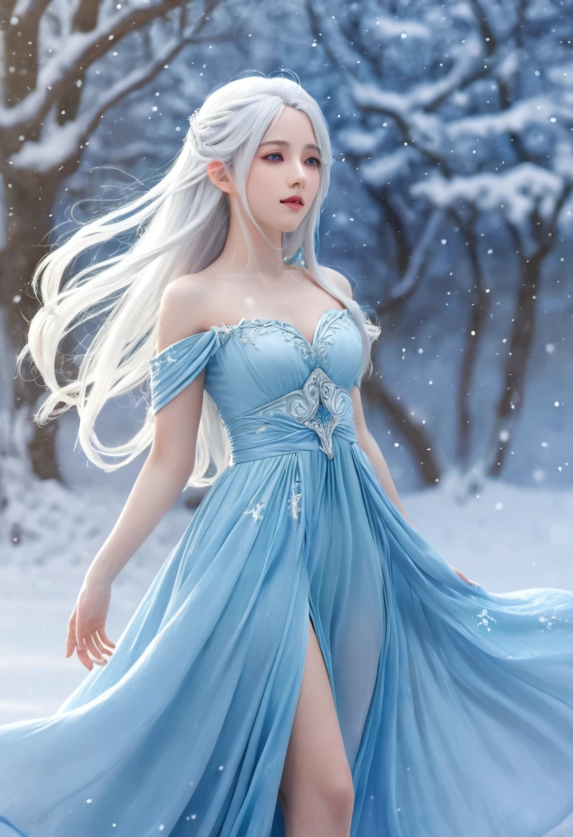 Anime girl with long white hair and blue dress in the snow, White-haired deity, White hair floating in the air, Anime fantasy illustration, Flowing white hair, Beautiful young wind elf, Beautiful fantasy anime, Shiny and flowing hair, Ethereal Anime, beautiful anime artwork, Beautiful digital artwork, Anime Fantasy Artwork, ((Beautiful fantasy queen)), 2. 5 d cgi Anime Fantasy Artwork