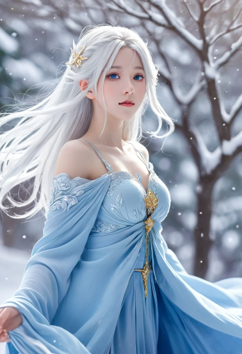 Anime girl with long white hair and blue dress in the snow, White-haired deity, White hair floating in the air, Anime fantasy illustration, Flowing white hair, Beautiful young wind elf, Beautiful fantasy anime, Shiny and flowing hair, Ethereal Anime, beautiful anime artwork, Beautiful digital artwork, Anime Fantasy Artwork, ((Beautiful fantasy queen)), 2. 5 d cgi Anime Fantasy Artwork