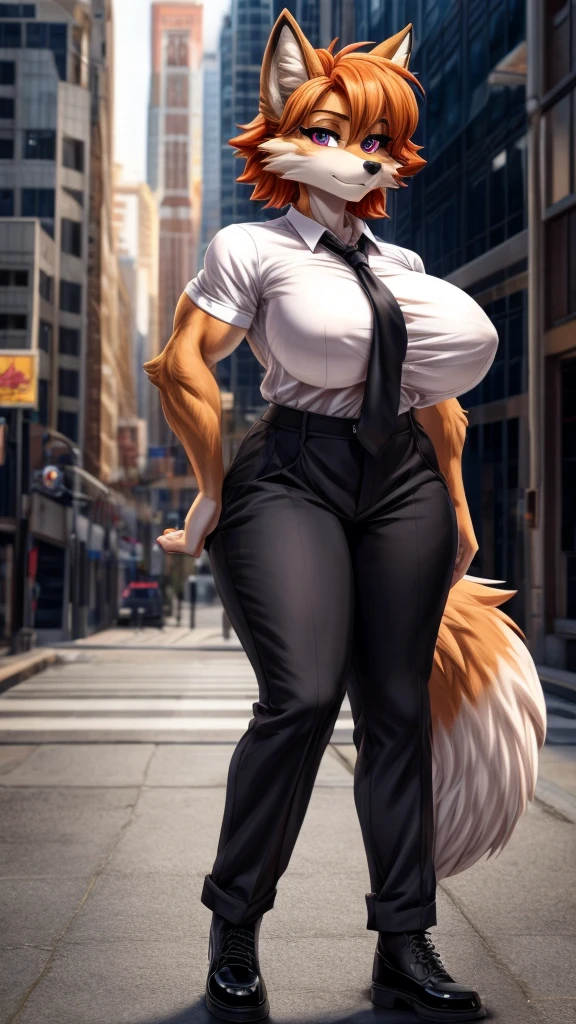 Skye from Paw Patrol, as a female fox, anthro, mature adult, orange fluffy hair, magenta eyes, tall, muscular, big breasts, big butt, thicc thighs, tomboy, massive female, fit, white shirt with black tie, black pants, black shoes, standing, detailed, solo, beautiful, high quality, precise, manhwa style, 4K
