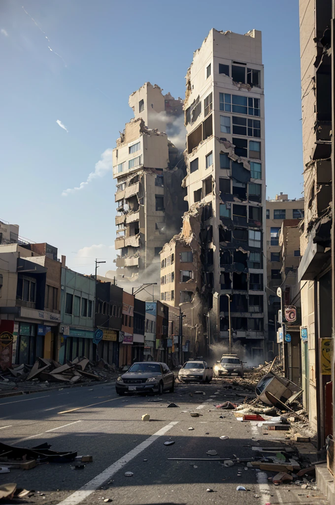 "In a modern city, during a violent earthquake, tall buildings shake and cracks begin to appear on facades. The street is covered in rubble, with parts of buildings collapsing and lamp posts toppling. The sky is full of dust and smoke, obscuring the sunlight and creating an atmosphere of chaos. Abandoned cars are strewn across the street, some damaged by falling debris. Broken windows and crumbling facades add to the scene of destruction. The sound of alarms and sirens echoes throughout the environment, mixed with the continuous roar of the earthquake. The scene captures the intensity and fear of being in an urban area during a catastrophic earthquake."