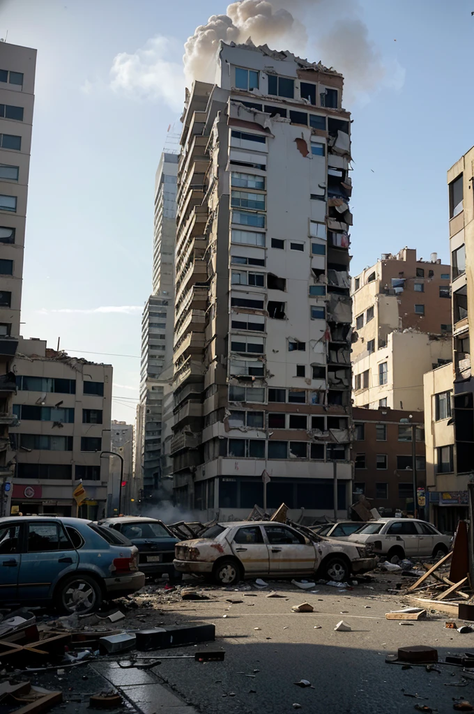 "In a modern city, during a violent earthquake, tall buildings shake and cracks begin to appear on facades. The street is covered in rubble, with parts of buildings collapsing and lamp posts toppling. The sky is full of dust and smoke, obscuring the sunlight and creating an atmosphere of chaos. Abandoned cars are strewn across the street, some damaged by falling debris. Broken windows and crumbling facades add to the scene of destruction. The sound of alarms and sirens echoes throughout the environment, mixed with the continuous roar of the earthquake. The scene captures the intensity and fear of being in an urban area during a catastrophic earthquake."
