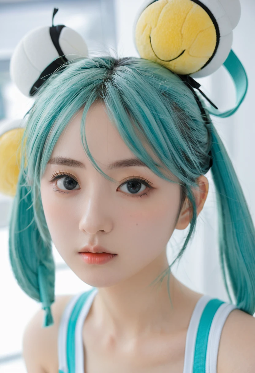 (masterpiece), (best quality), Very detailed, Human Development Report, 1 Girl, Focus only, Skin Indentation,Sports Bra，shorts，Romper， Perfect face, Facial swelling, Pretty Face, big eyes, Puffy eyes, Perfect eyes, eyelash，Hatsune Miku，Very detailed face，