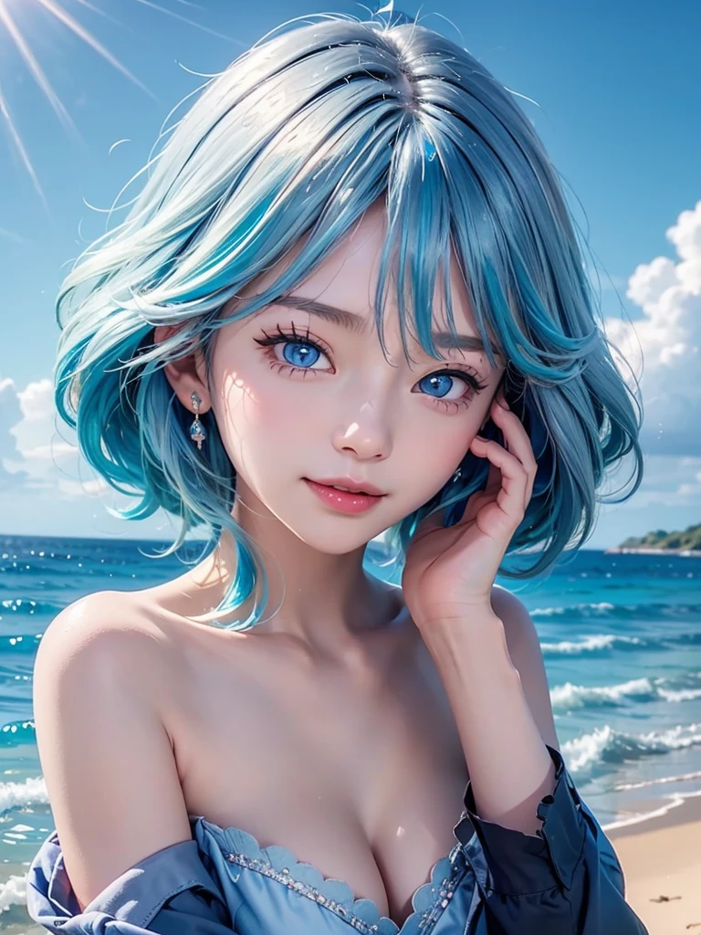 One Girl、solo、Gazing at the audience、smile、slouch、Medium long hair、Open your mouth、bangs、blue eyes、Exposing shoulders、jewelry、Upper Body、Blue Hair、Earringulticolored Hair、first round、Virtual YouTuber、Best、water、Off the shoulder、Striped Hair、Tattoo、Floating Hair、head band、Beautifully detailed skies、美しい詳細なwater、泼water、sunlight、Ray Tracing、masterpiece、Having at the camera