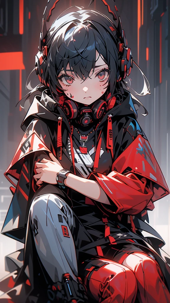 girl，Off-white eyes，Black hair，Red and black hoodie，Blue and white headphones，Cyberpunk，Sleepy expression，Mechanical traces